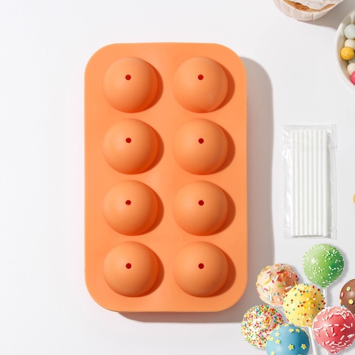 Форма для выпечки «Кейк. попс», силикон, 19,5×11,7×3,5 см, 8 ячеек, 2 части, с палочками, цвет МИКС Форма для выпечки «Кейк. попс», силикон, 19,5×11,7×3,5 см, 8 ячеек, 2 части, с палочками, цвет МИКС