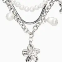Колье медь "Жемчуг с цветами" (набор 3шт), 34/36/40см цвет белый в серебре