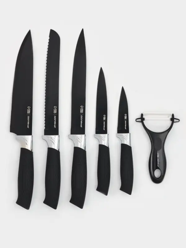 Набор кухонных принадлежностей Доляна &laquo;Супер-блек&raquo;, 6 предметов: ножи 19 см, 23 см, 32 см, 32 см, керамическая овощечистка, 32&times;4 см, чёрный