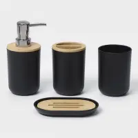 Аксессуары для ванной комнаты SAVANNA &laquo;Вуди&raquo;, 6 предметов, мыльница, дозатор, 2 стакана, ёршик, ведро, чёрные