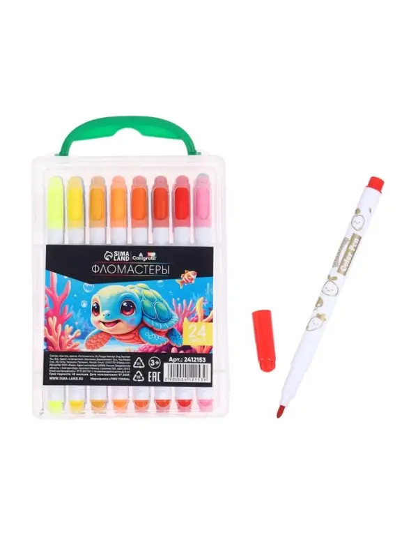 Фломастеры 24 цвета &laquo;Мышка&raquo;, в пластиковом пенале с ручкой, вентилируемый колпачок