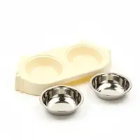 Миска двойная &laquo;Кот&raquo;, 2&times;160 мл, 30.5&times;14.9&times;5.4 см, на пластиковом основании, металл, бежевая
