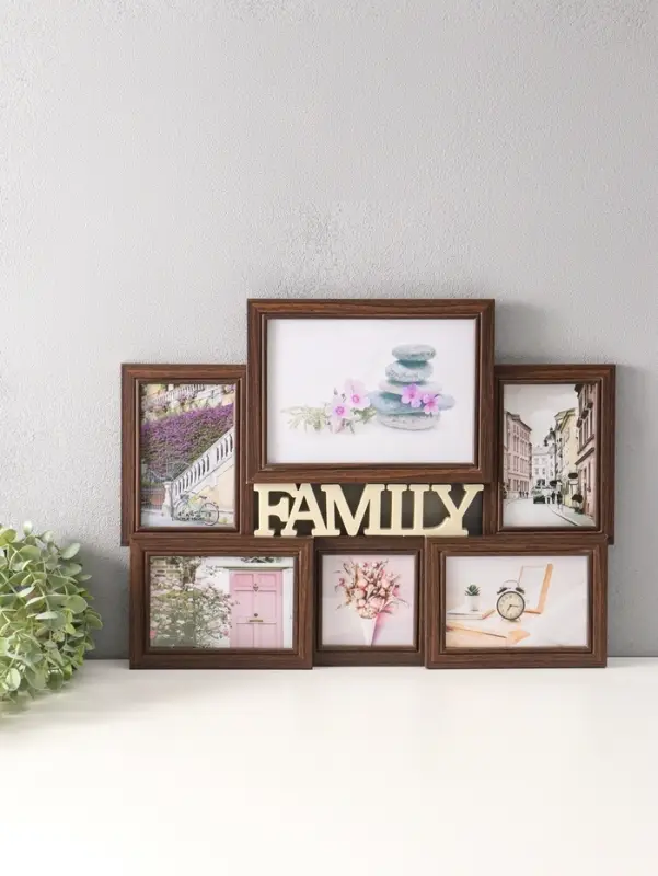 Фоторамка пластик на 6 фото 10х10, 10х15, 15х20 "Семья" тёмное дерево 49х36 см