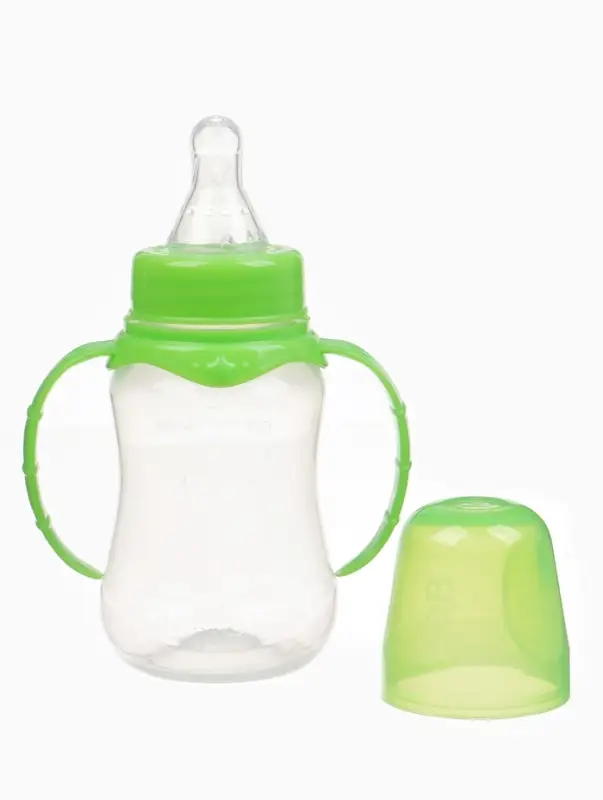 Бутылочка для кормления M&B, классическое горло, с ручками, от 0 мес., 150 мл., приталенная, зелёный
