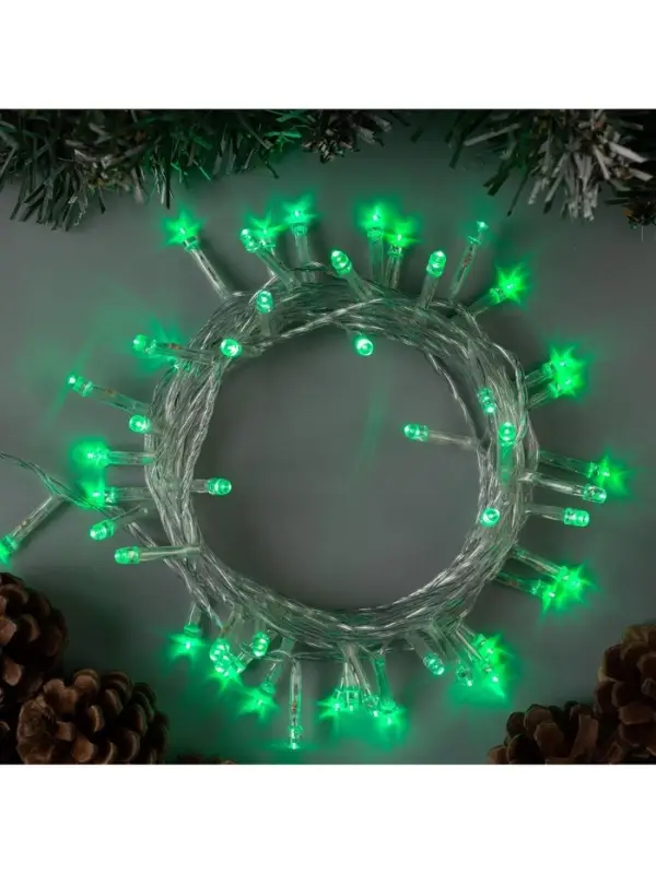 Гирлянда &laquo;Нить&raquo; 5 м, IP20, прозрачная нить, 50 LED, 8 режимов, 220 В, свечение зелёное