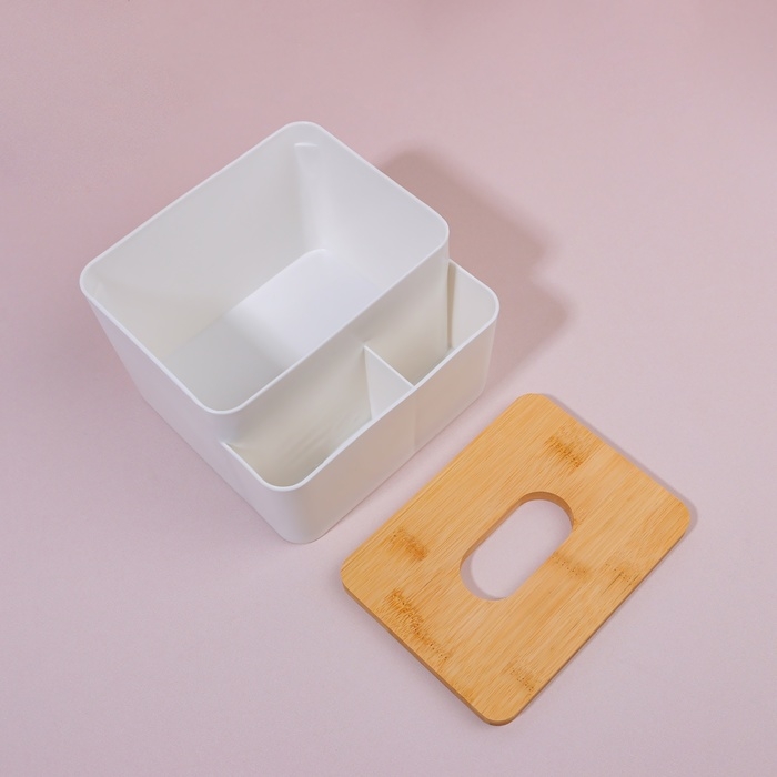 Органайзер для хранения «BAMBOO», с крышкой, 3 секции, 16 × 15 × 10 см, цвет белый/коричневый