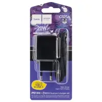 Сетевое зарядное устройство с кабелем Type-C на Type-C PD20W + USB QC3.0 CS25A  HOCO черное