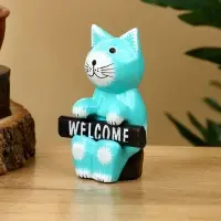 Сувенир "Кот с табличкой WELCOME" дерево 8х4х10 см, цв. бирюзовый