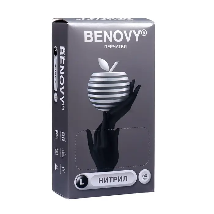 Перчатки Benovy, нитриловые, медицинские, 3.5 г, размер L, 50 пар, чёрные