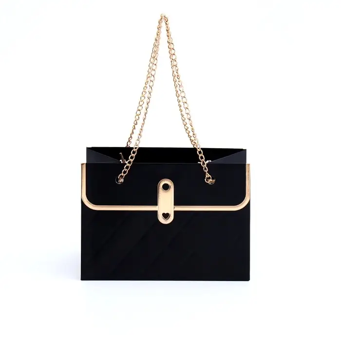 Пакет переноска для цветов, ручка цепь, &laquo;Чёрный&raquo;, с золотым тиснением, 15&times;10.5&times;10 см