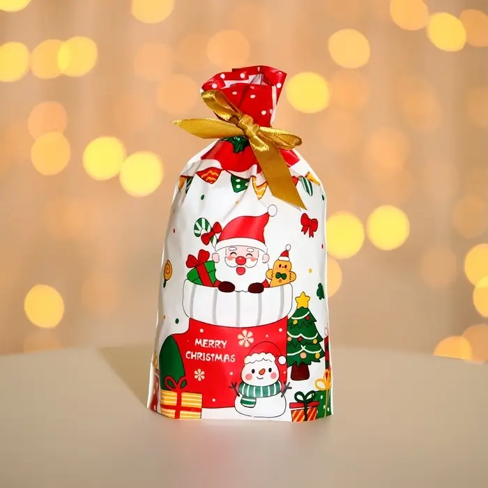 Пакет полиэтиленовый подарочный, с завязками  Пакет полиэтиленовый подарочный, с завязками "Новогодний носок", 15х23см.