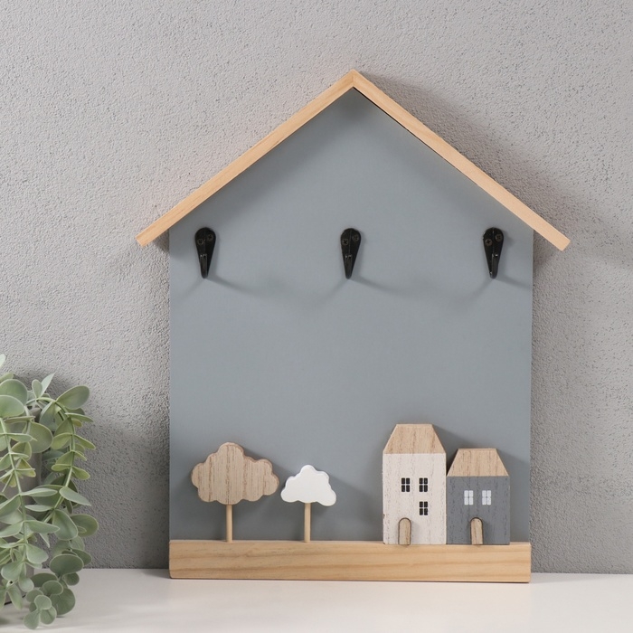 Крючки декоративные дерево Крючки декоративные дерево "Домики и деревья" серый 28х33,5 см