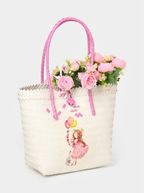 Сумка плетёная на застёжке &laquo;Девочка с букетом&raquo;, 40&times;10&times;55 см, пластик, бело-розовая