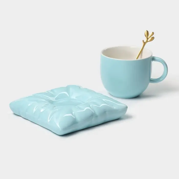 Чайная пара &laquo;Зефирка&raquo;, 3 предмета: чашка 250 мл, блюдце d=13.7 см, ложка, керамика, голубая