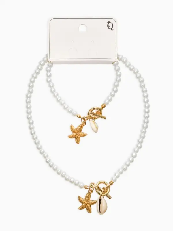 Набор 2 пред-та: бусы.браслет "Жемчуг", звезда, цвет белый в золоте L=18/42см №6