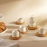 Сервиз чайный SL Home &laquo;Тренто&raquo;, 12 предметов: 6 чашек 90 мл, 6 деревянных подставок, фарфор, белый
