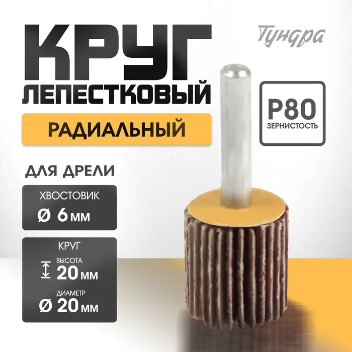 Круг лепестковый радиальный ТУНДРА, 20×20×6 мм, Р80 Круг лепестковый радиальный ТУНДРА, 20×20×6 мм, Р80