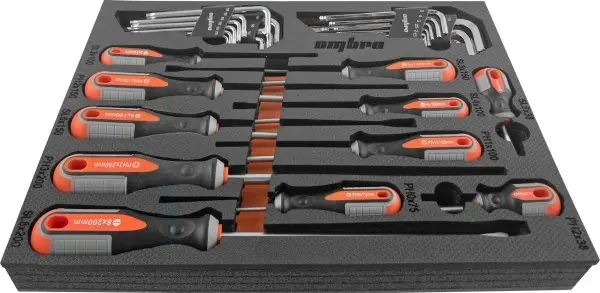 Набор отверток стержневых ROUND GRIP и торцевых ключей в EVA ложементе 280х375 мм, 29 предметов, Omb