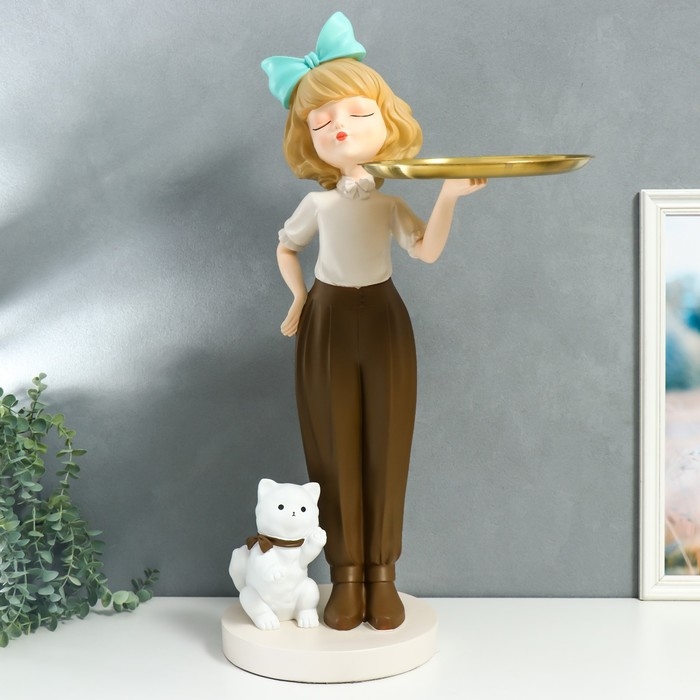 Сувенир полистоун подставка  Сувенир полистоун подставка "Девочка с голубым бантом и кошечкой" d=26 см 76х27х35 см