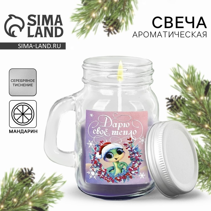 Новогодняя свеча в баночке с ручкой «Новый год: Дарю свое тепло», аромат мандарин, 7 х 8,5 х 5 см Новогодняя свеча в баночке с ручкой «Новый год: Дарю свое тепло», аромат мандарин, 7 х 8,5 х 5 см