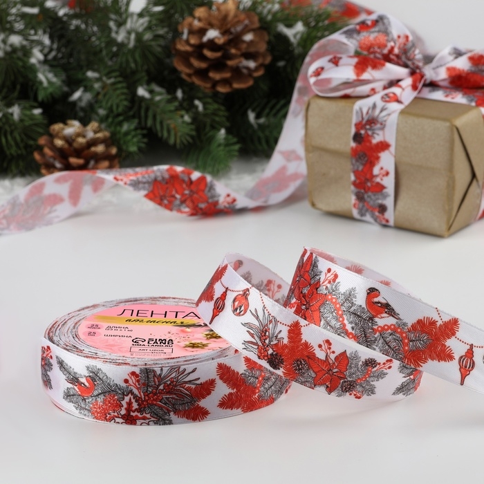 Лента атласная «Снегири», 25 мм, 23 ± 1 м Лента атласная «Снегири», 25 мм, 23 ± 1 м