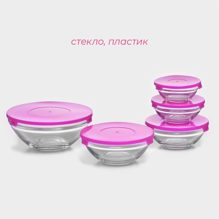 Набор стеклянных салатников с крышками Доляна «Классика», 5 предметов: 100 мл, 200 мл, 300 мл, 400 мл, 850 мл, цвет фиолетовый Набор стеклянных салатников с крышками Доляна «Классика», 5 предметов: 100 мл, 200 мл, 300 мл, 400 мл, 850 мл, цвет фиолетовый