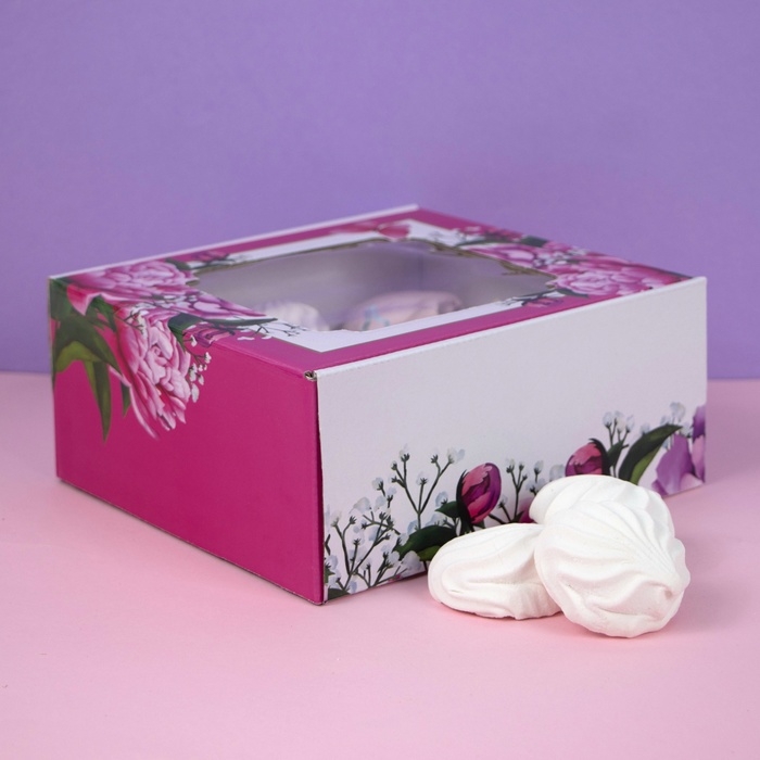 Коробка самосборная, с окном, Коробка самосборная, с окном, "Весенние пионы", 19 х 19 х 9 см