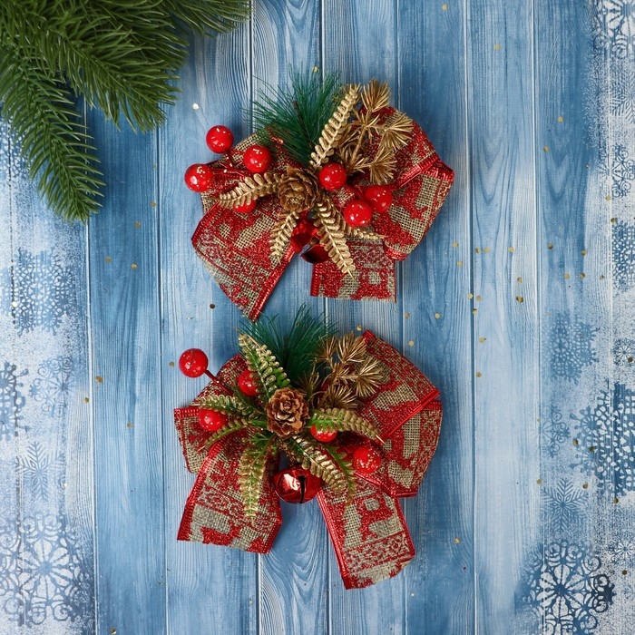 Украшение ёлочное Украшение ёлочное "Еловая композиция" (набор 2 шт) бант с принтом, 12х11 см, красный