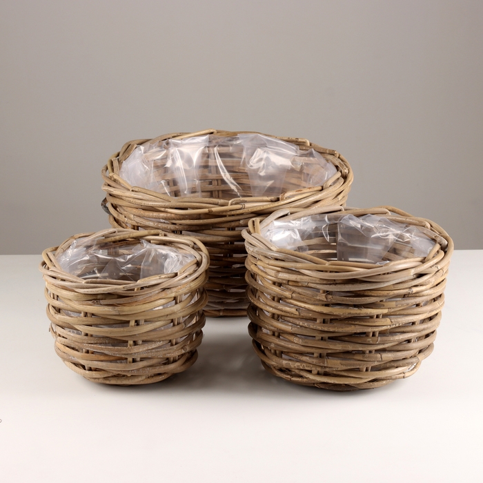 Набор кашпо плетеных из 3шт, D35xH21см, серый, ротанг Набор кашпо плетеных из 3шт, D35xH21см, серый, ротанг