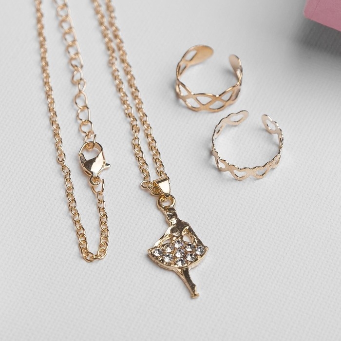 Набор детский «Выбражулька» 3 предмета: кулон 40 см, 2 кольца, балерина, цвет белый в золоте Набор детский «Выбражулька» 3 предмета: кулон 40 см, 2 кольца, балерина, цвет белый в золоте