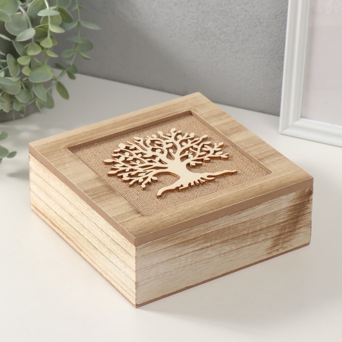 Шкатулка дерево с делениями  Шкатулка дерево с делениями "Древо жизни" мешковина 18х18х7 см