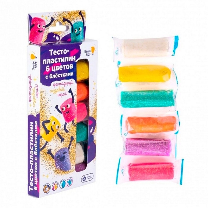 Тесто-пластилин, набор 6 цветов, с блёстками Тесто-пластилин, набор 6 цветов, с блёстками