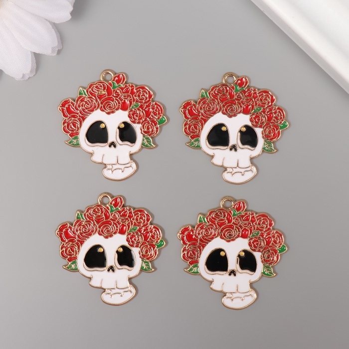 Декор для творчества металл, эмаль Декор для творчества металл, эмаль "Череп в цветочном венке" 3,1х3 см