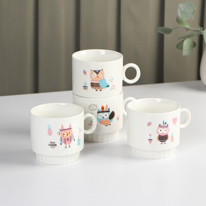 Набор кружек керамических на металлической подставке Доляна «Совы», 4 предмета: 200 мл, рисунок МИКС