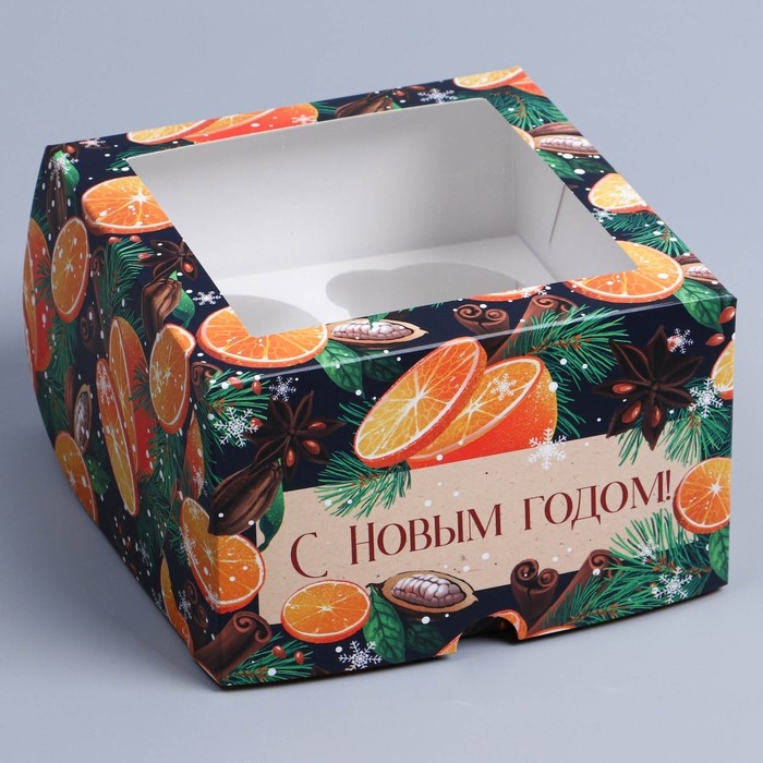 Коробка складная на 4 капкейков с окном «Пряности», 16 х 16 х 10 см, Новый год
