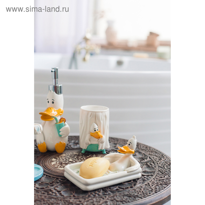 Набор аксессуаров для ванной комнаты «Утиные истории», 4 предмета (дозатор 200 мл, мыльница, стакан, подставка для щёток), цвет белый Набор аксессуаров для ванной комнаты «Утиные истории», 4 предмета (дозатор 200 мл, мыльница, стакан, подставка для щёток), цвет белый