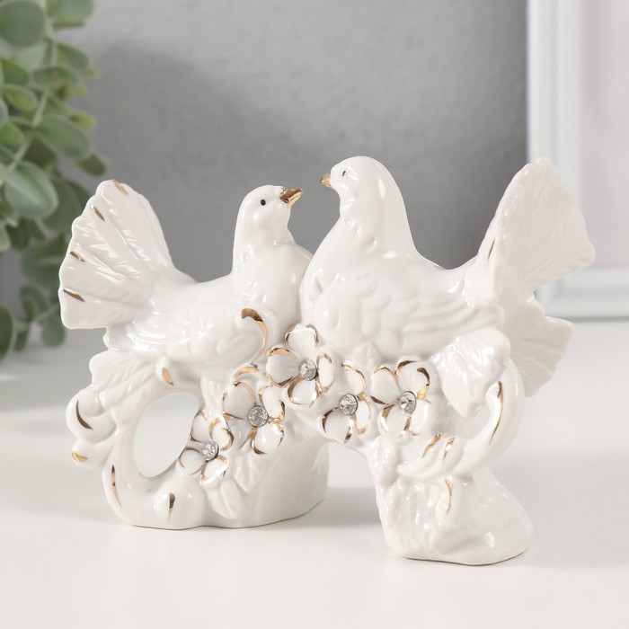 Сувенир керамика "Белые голуби на цветочном дереве" с золотом, стразы