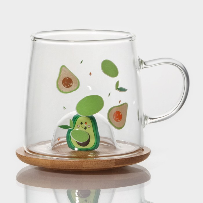 Кружка стеклянная с деревянной крышкой «Авокадо», 350 мл, рисунок МИКС Кружка стеклянная с деревянной крышкой «Авокадо», 350 мл, рисунок МИКС
