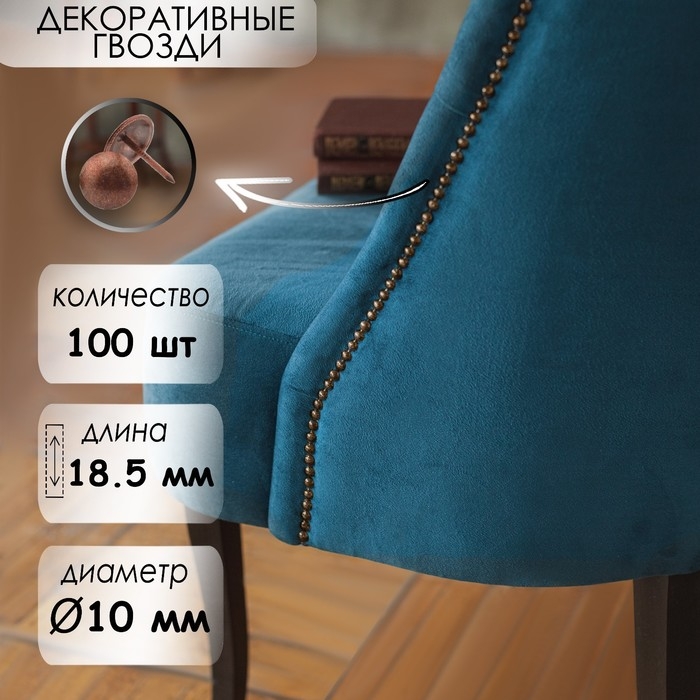 Гвозди ТУНДРА, декоративные, обивочные, 10х18,5 мм, медь, 100 шт Гвозди ТУНДРА, декоративные, обивочные, 10х18,5 мм, медь, 100 шт