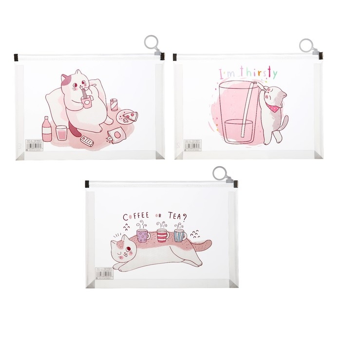 Папка-конверт на молнии формат А5, 180мкр, с рисунком Папка-конверт на молнии формат А5, 180мкр, с рисунком "Кот", МИКС