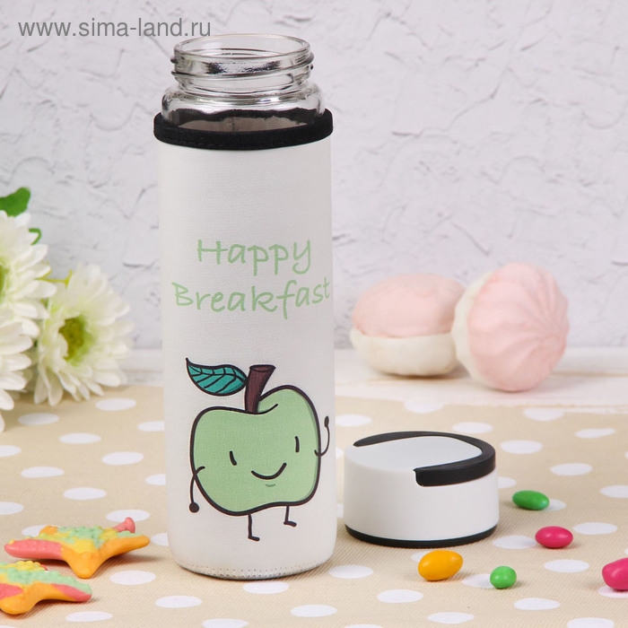 Бутылка для воды стеклянная с ручкой в чехле &laquo;Завтрак&raquo;, 500 мл, h=23,5 см, рисунок МИКС