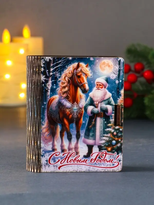Шкатулка-конверт для для подарочных карт или денег  Шкатулка-конверт для для подарочных карт или денег "Лошадка и Дед Мороз".  9,8х8,5х2 см.