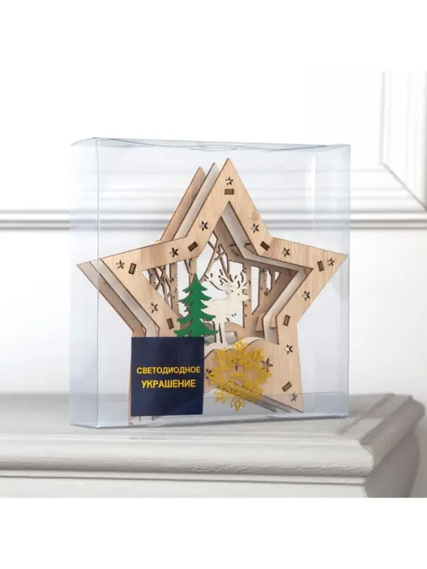 Светодиодная фигура &laquo;Звезда с оленем в лесу&raquo; 18&times;18&times;5 см, дерево, от батареек АААх2, свечение тёплое белое