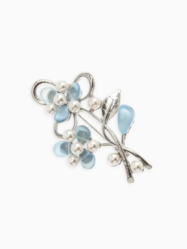 Брошь с жемчугом "Цветы", цвет голубой в серебре
