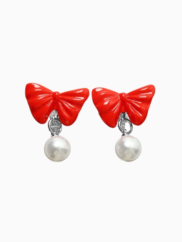 Серьги-клипсы детские  Серьги-клипсы детские "Выбражулька" бант с жемчужиной, цвет красно-белый