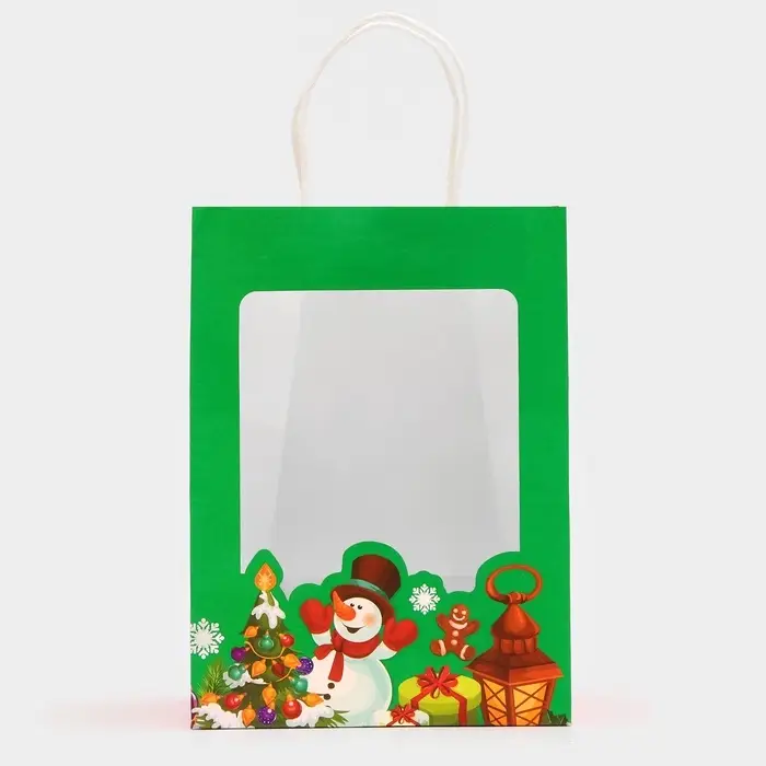 Пакет подарочный бумажный с окном «Снеговик» 19×26×13 см, крафт зеленый Пакет подарочный бумажный с окном «Снеговик» 19×26×13 см, крафт зеленый
