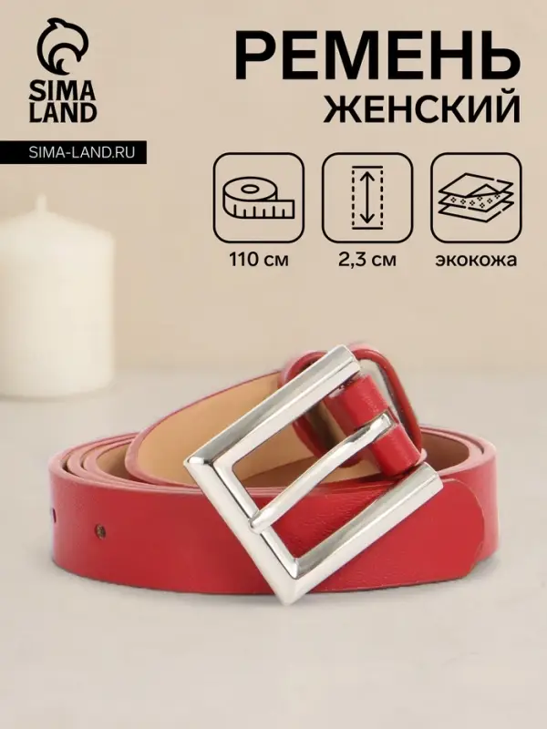 Ремень женский, 110&times;2.3 см, классическая пряжка металл, серебристая, красный