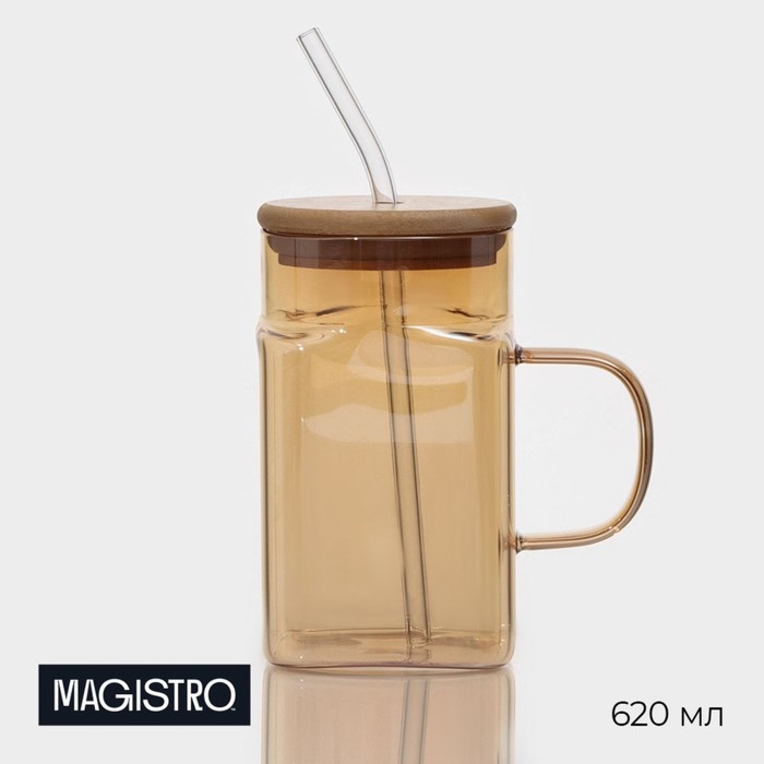 Банка стеклянная с ручкой, крышкой и трубочкой Magistro «Эко», 620 мл, цвет золотой Банка стеклянная с ручкой, крышкой и трубочкой Magistro «Эко», 620 мл, цвет золотой