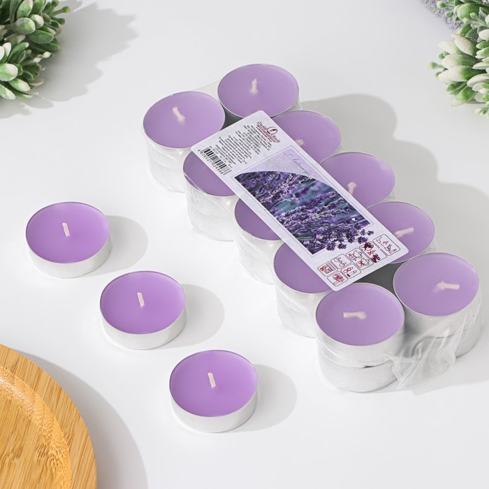 Набор чайных свечей ароматических в термоусадке Набор чайных свечей ароматических в термоусадке "Лаванда", 3,8х1,6 см, 3,5 ч, 12 г, 20 штук