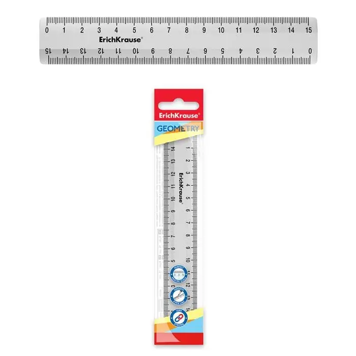 Линейка 15 см ErichKrause Линейка 15 см ErichKrause "Clear", пластик, двусторонняя шкала, прозрачная, европодвес